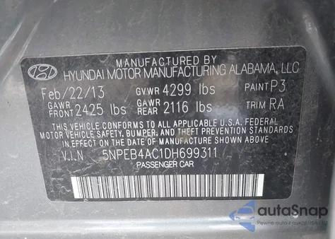 2013 Hyundai Sonata Gls из США, поврежденный, VIN 5NPEB4AC1DH699311